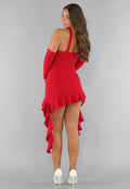Rode Ribstof Ruffle Kerst Jurk