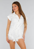 Witte Stretch Denim Playsuit met Korte Mouwen en Steekzakken