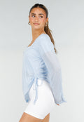 Lichtblauwe Zachte Longsleeve Top met Trekkoord en Wijde Mouwen