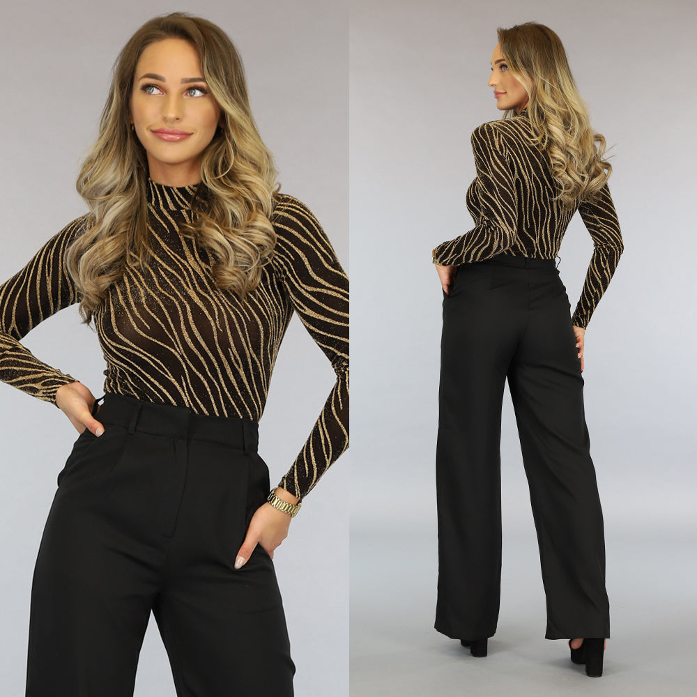 Glitterende Zwarte Body met Goud Golvende Print