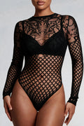 Zwarte Fishnet Bodysuit met Print