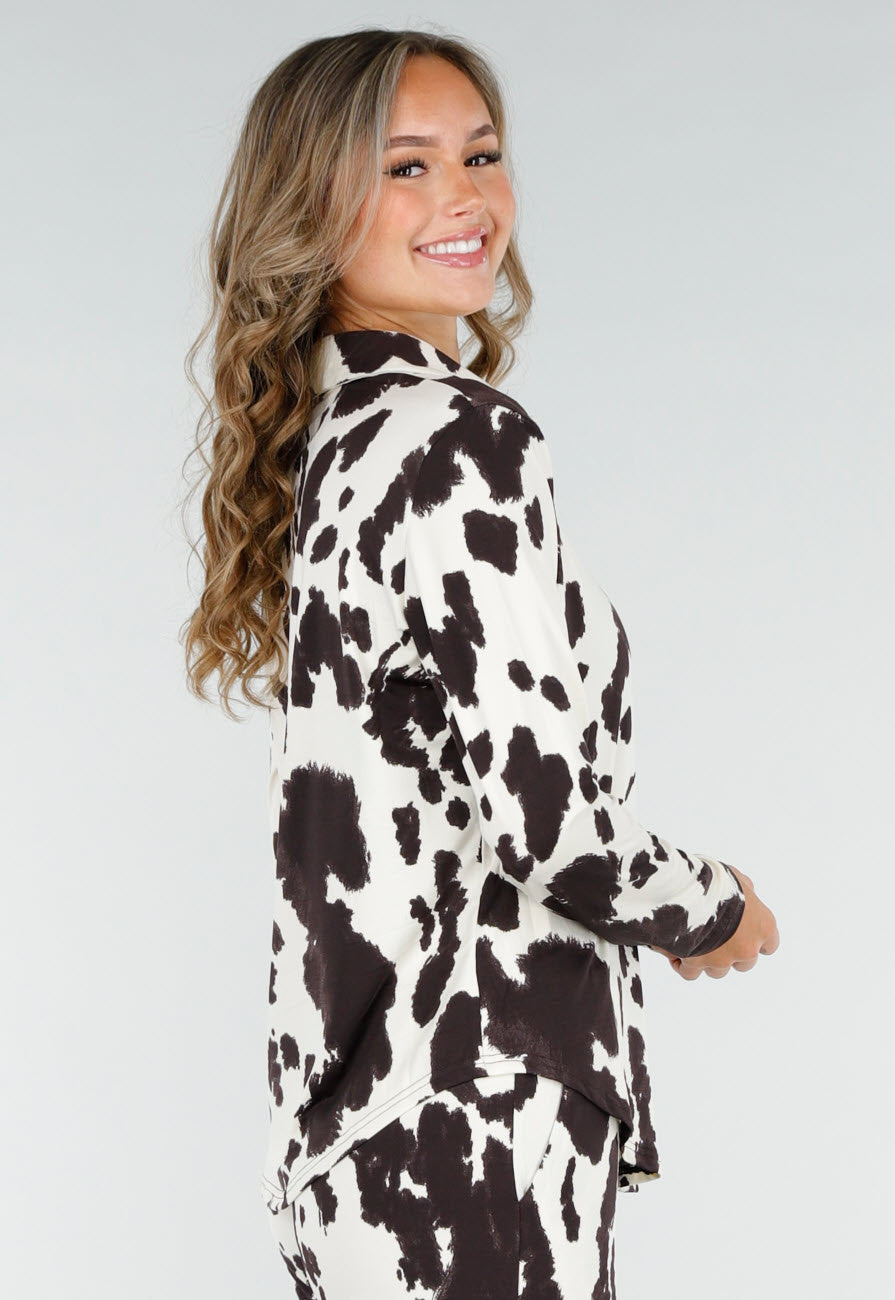 Bruin-Witte Blouse met Koeienprint  en Goudkleurige Knopen