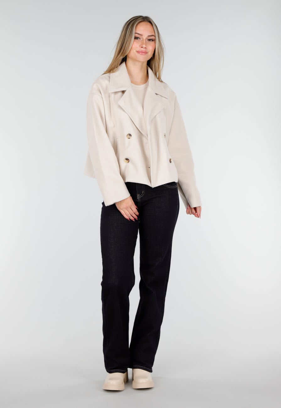 Beige Wollook Jas met Dubbele Rij Knopen en Brede Reverskraag