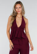 Bordeaux Halter Top en Wide Leg Broek Set met Open Rug