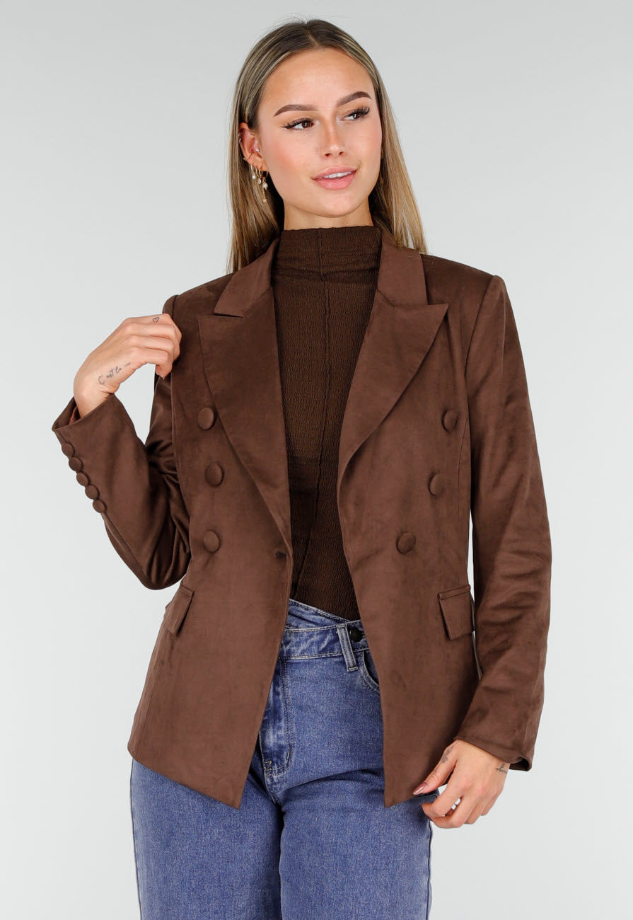 Bruine Stretch Suede Double Breasted Blazer