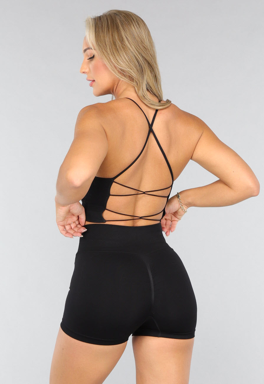 Korte Zwarte Fitness Set met Gekruiste Rug