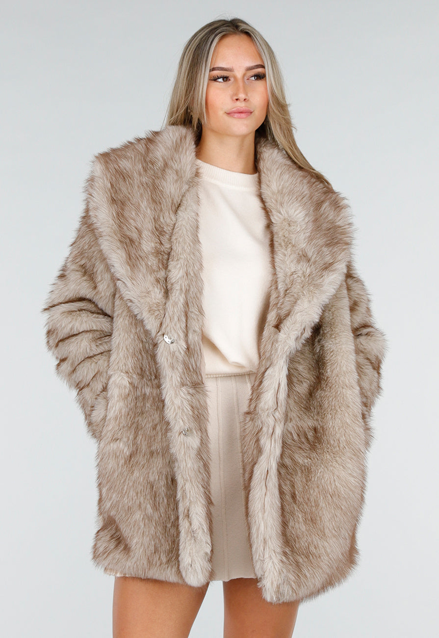 Beige Imitatiebont Jas met Ceintuur