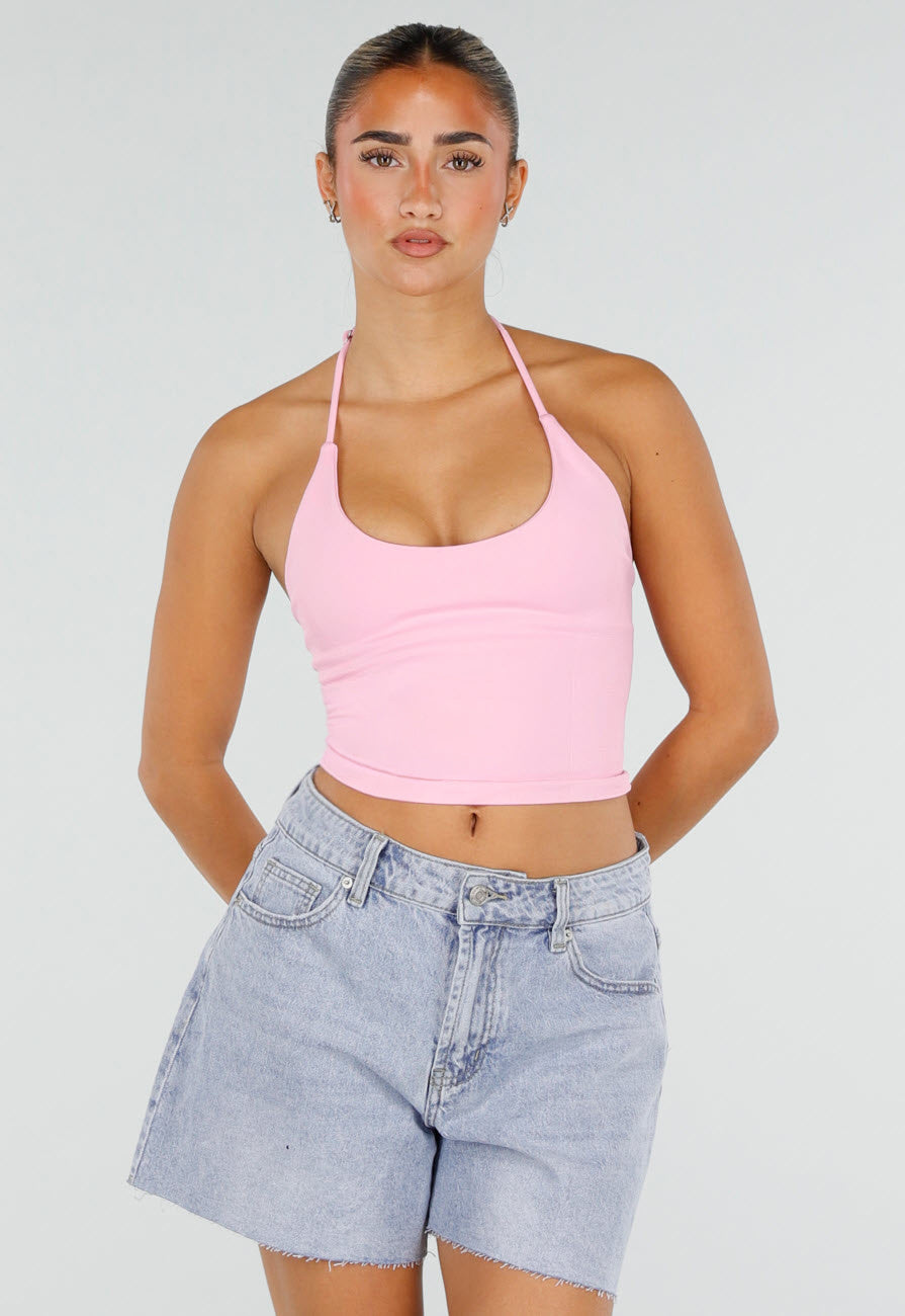 Roze Halter Sport Top met Verstelbaar Halterbandje, Uitneembare Pads en Stretch