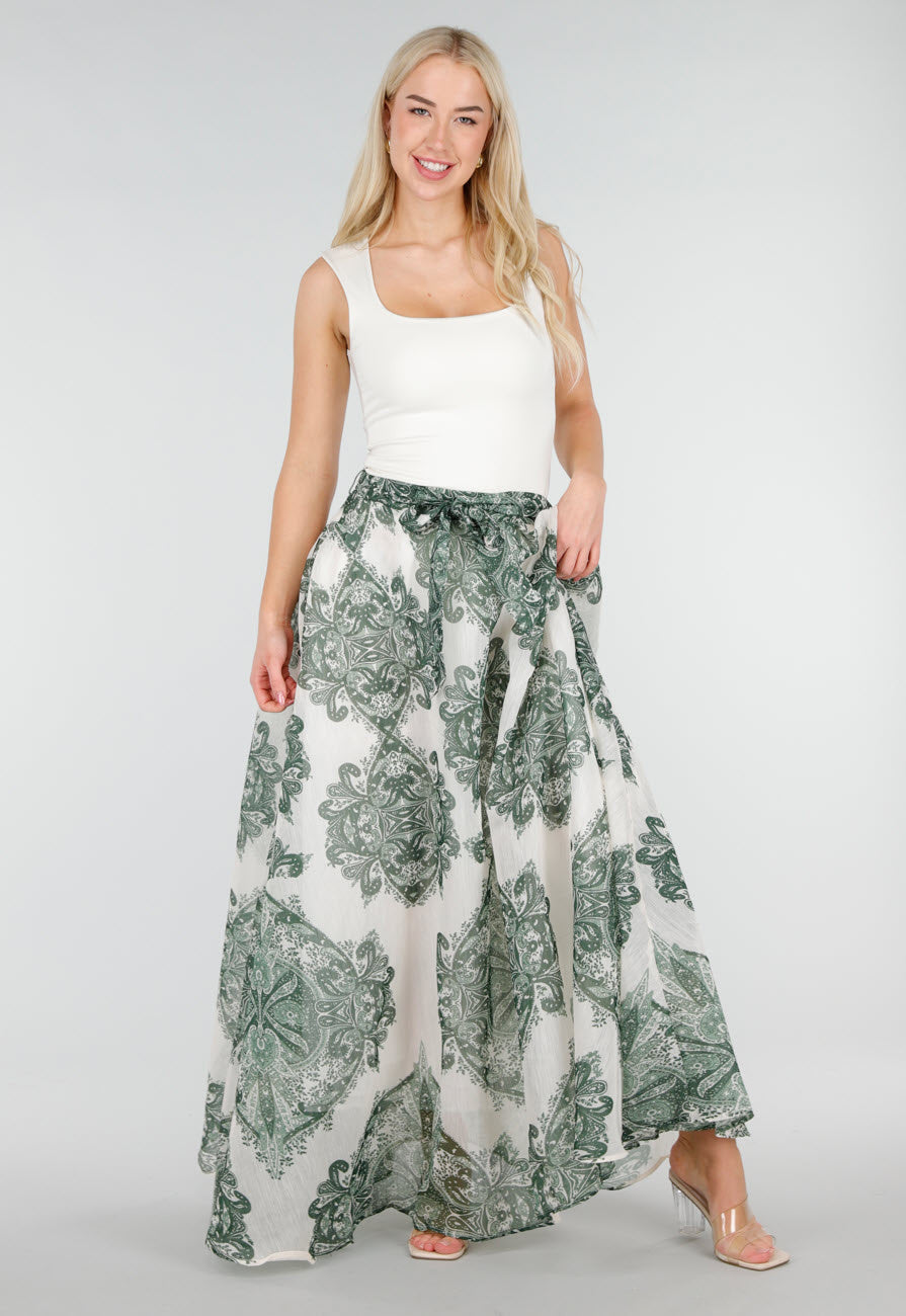 Groene Maxi Rok met Paisley Print en Strikceintuur