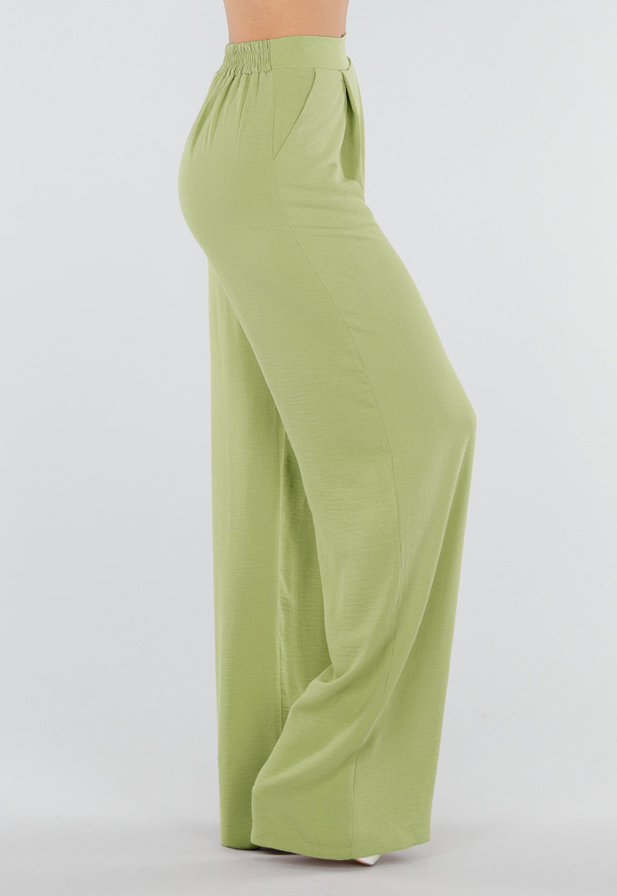 Groene Linnenlook Wide Leg Pantalon met Hoge Taille en Plooien