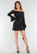 Zwarte Off-Shoulder Jurk Met Volants en Lange Mouwen