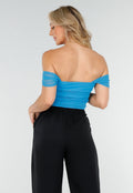 Blauwe Mesh Off Shoulder Top met Stretch en Drapé Effect