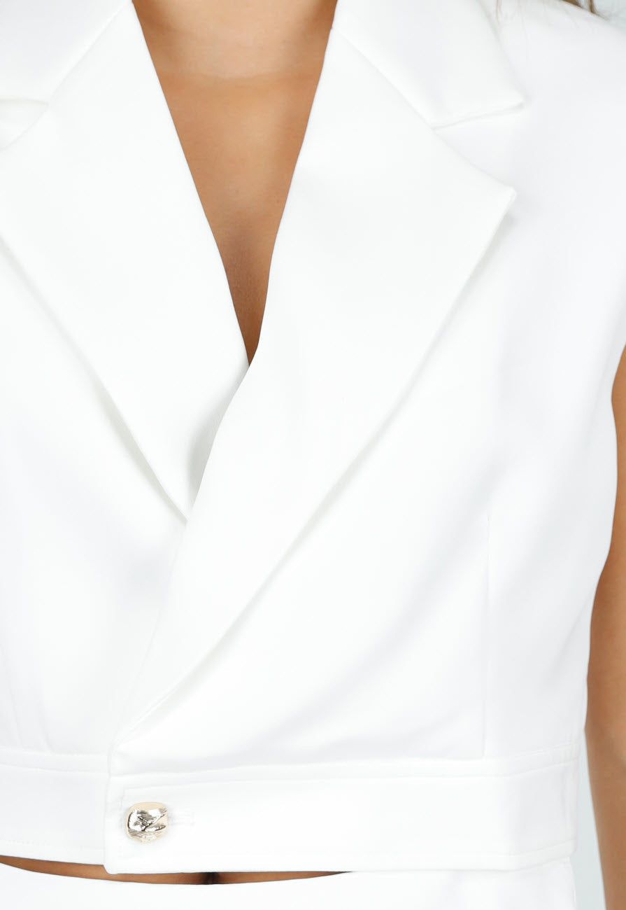 Witte Gilet Top met Reverskraag en Knoopsluiting