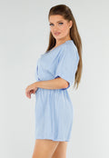 Lichtblauwe Playsuit met V-Hals, Elastische Taille en Linnenlook