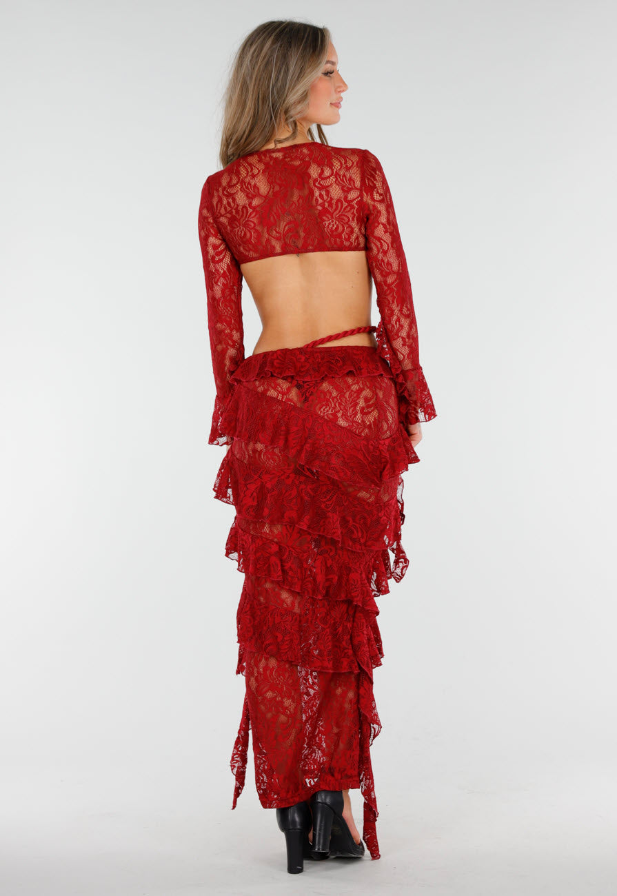 Rode Two Piece Set van Kant met Ruffles en Lange Mouwen