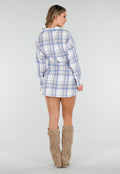 Blauw Geruite Blouse Jurk met Strikmouwen