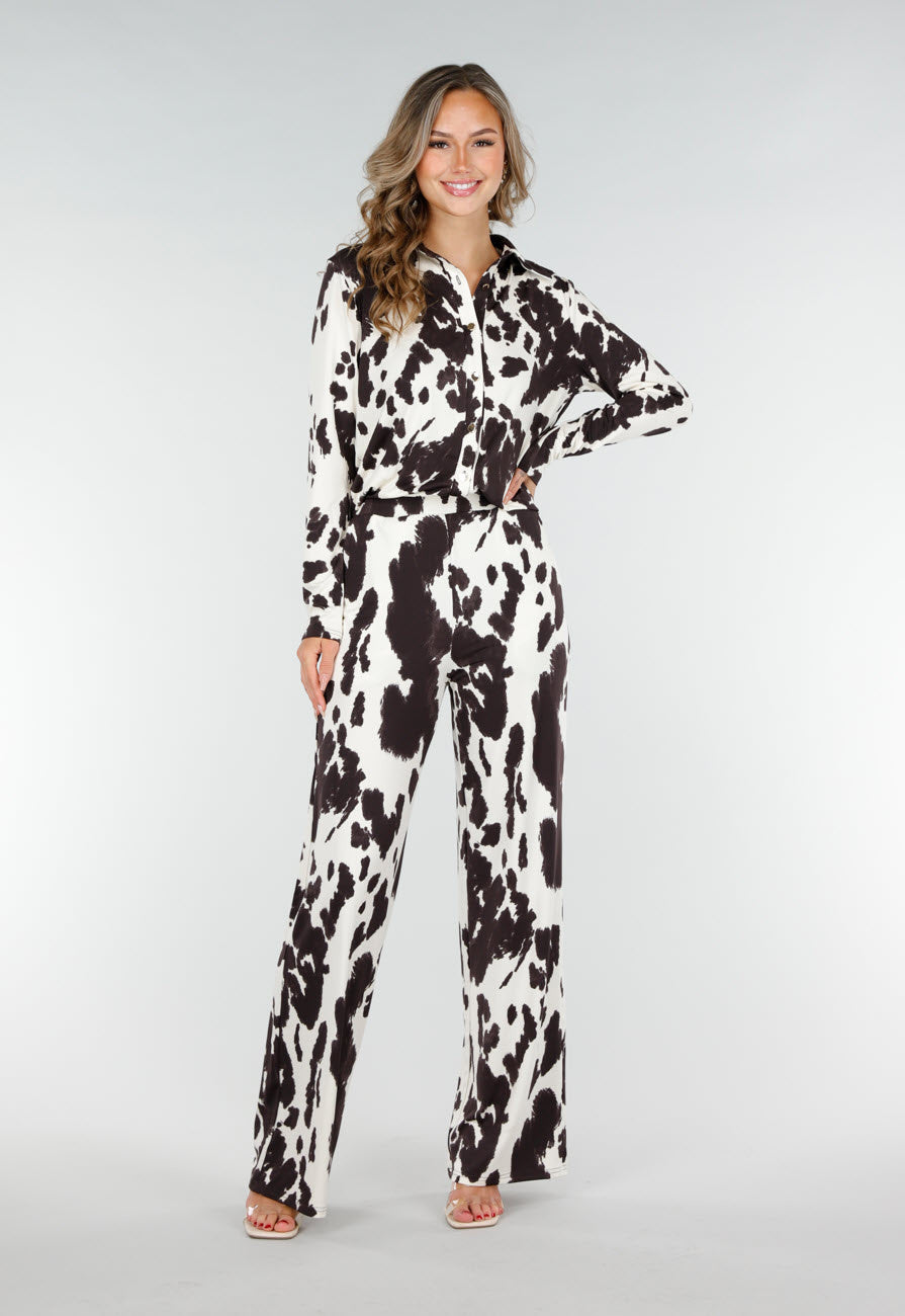 Bruin-Witte Blouse met Koeienprint  en Goudkleurige Knopen