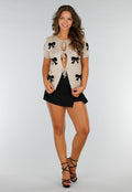 Taupe Gebreide Top met Strikprint, Striksluitingen, Stretch en Boordafwerking