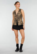 Bruine Denim Leopard Print Top met Striksluiting en Mouwloos Model
