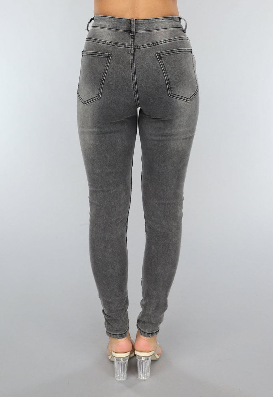 Grijze Ripped Skinny Jeans met Rib Detail