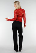Rode Kanten Mesh Top met Lange Mouwen en Col