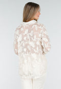 Beige Doorschijnende Blouse met Bloemenborduursel en Lange Mouwen