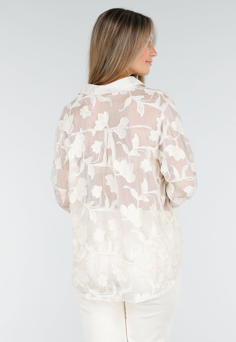 Beige Doorschijnende Blouse met Bloemenborduursel en Lange Mouwen