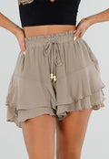 Beige Ruffle Skort met Elastische Taille en Strikkoord