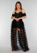 Zwarte Stretch Playsuit met Zwarte Strass Steentjes en Tule Rok