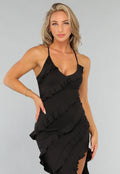 Zwarte Ruffle Jurk met Split
