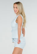 Lichtblauwe Linnenlook Gilet Top met Overslag en Striksluiting