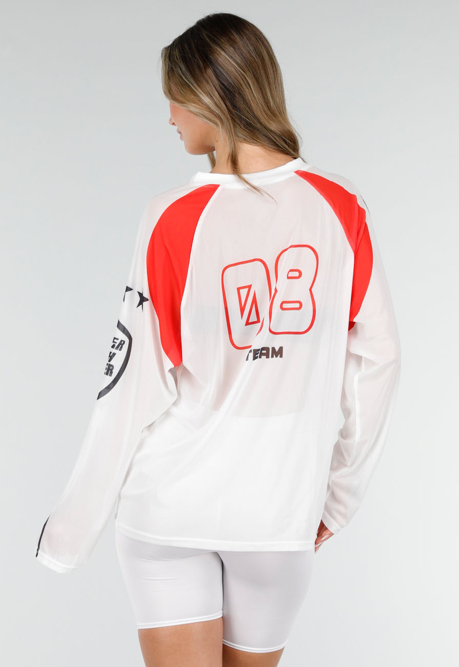 Witte  Mesh Jersey Top met Lange Mouwen