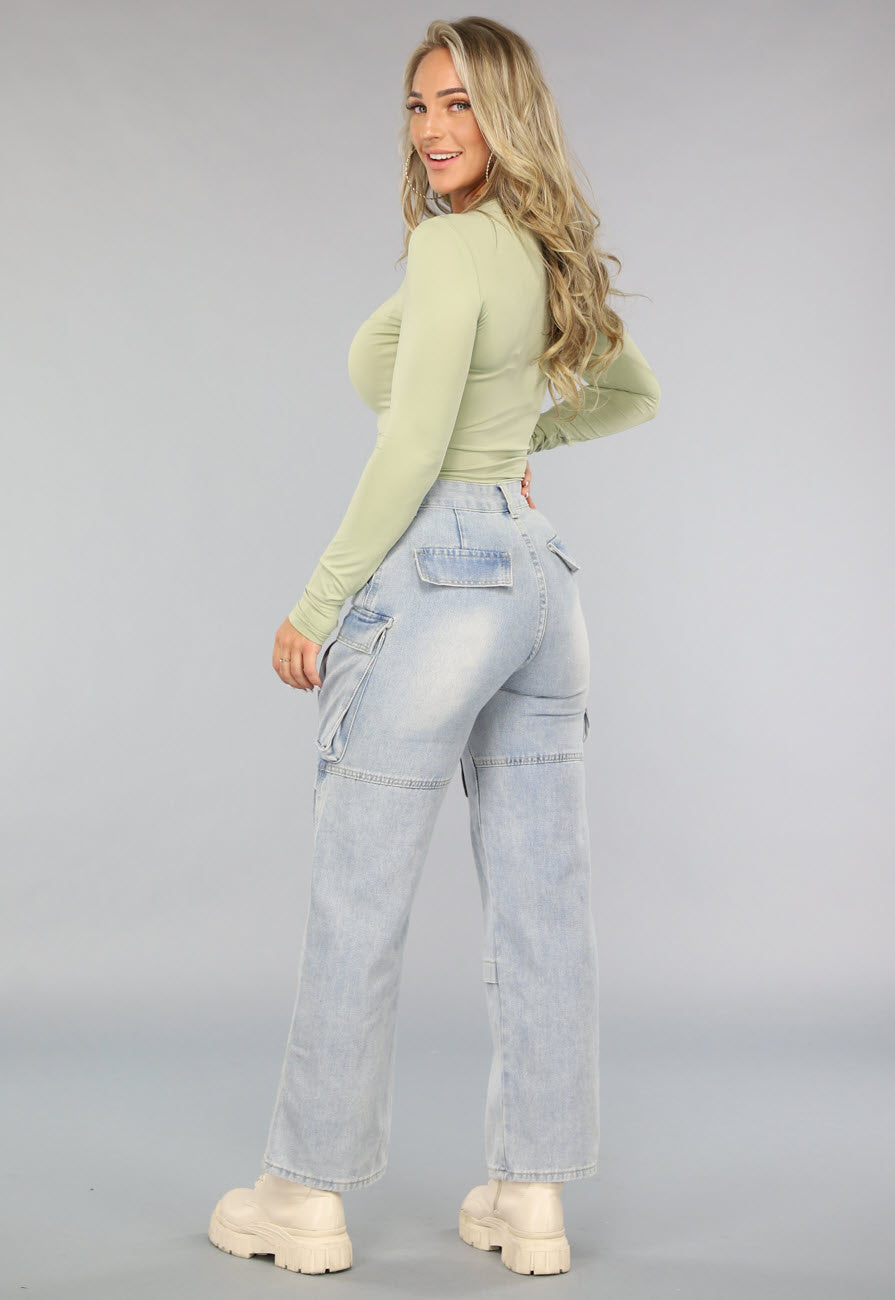 Blauwe Utility Jeans met Wijde Pijpen en Zakken