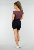 Paarse Mesh Crop Top met Korte Mouwen en Cut Out