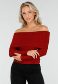 Off Shoulder Glitter Top met Lange Mouwen in Rood