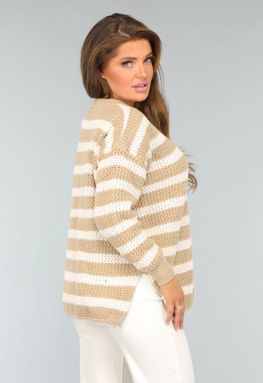 Gebreide Camel Trui met Witte Strepen