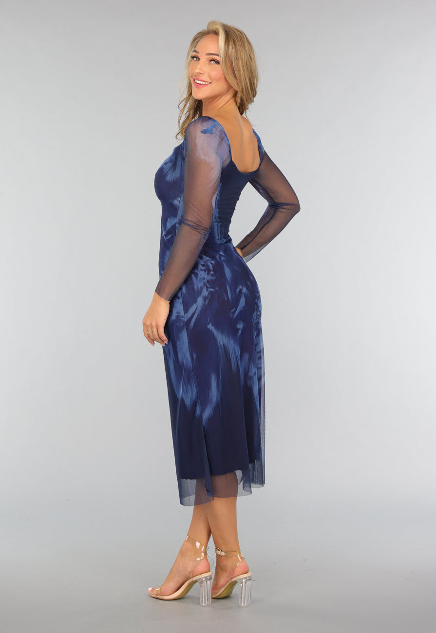 Blauwe Marble Mesh Midi Jurk