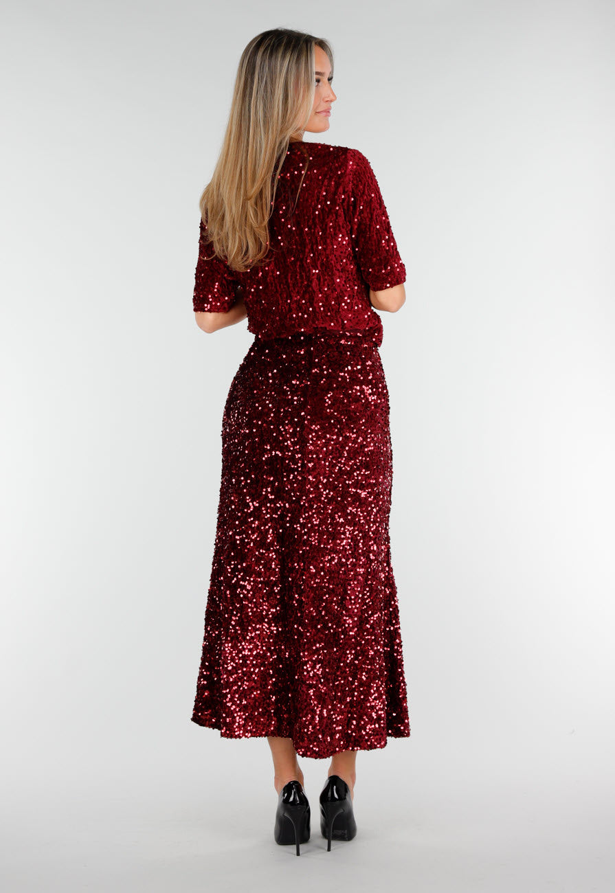Rode Midi Rok met All Over Pailletten en Subtiele Uitlopende Zoom