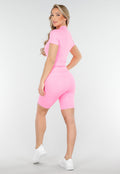 Felroze Sportset met Korte Mouwen Jasje en Short met Hoge Corrigerende Tailleband
