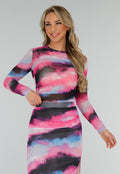 Zwart Roze Watercolor Stretch Mesh Cropped Top met Lange Mouwen en Geplooid Detail