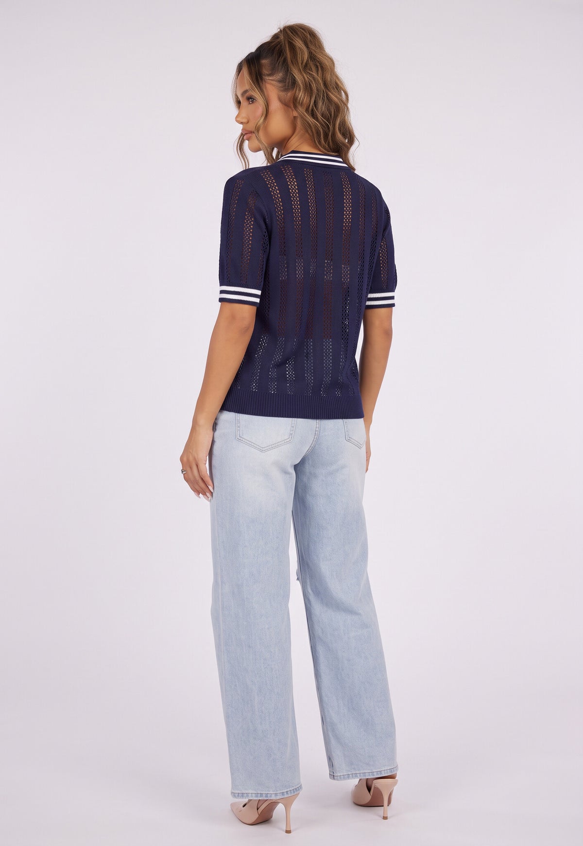 Donkerblauwe Gebreide Polo Top met Korte Mouwen en Opengewerkte Details