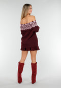 Bordeaux Off Shoulder Trui met Fair Isle Motief en Lange Mouwen