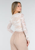 Witte Kant Bodysuit met Stretch en Beige Onderlaag