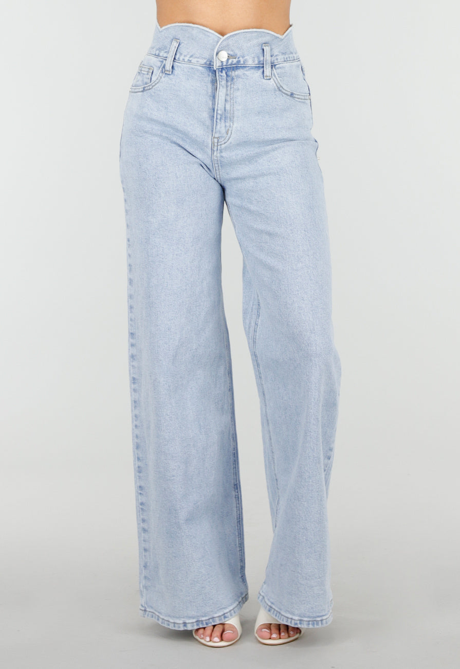 Lichtblauwe Denim Wide Leg Jeans met Hoge Taille