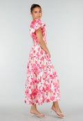 Roze Bloemen Maxi Jurk met Pofmouwen en Gesmokte Taille