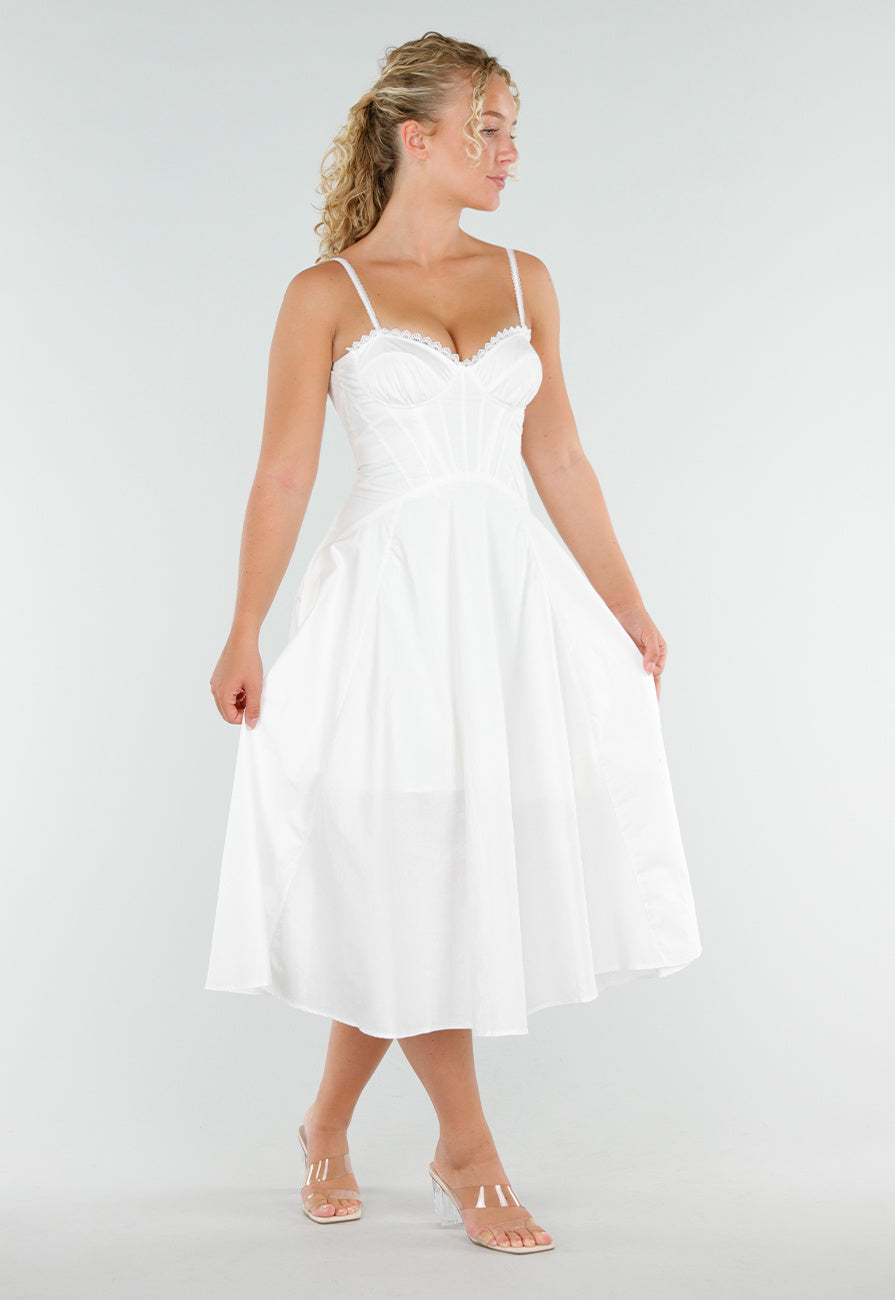 Witte Midi Jurk met Korset Top en Crochet Randje