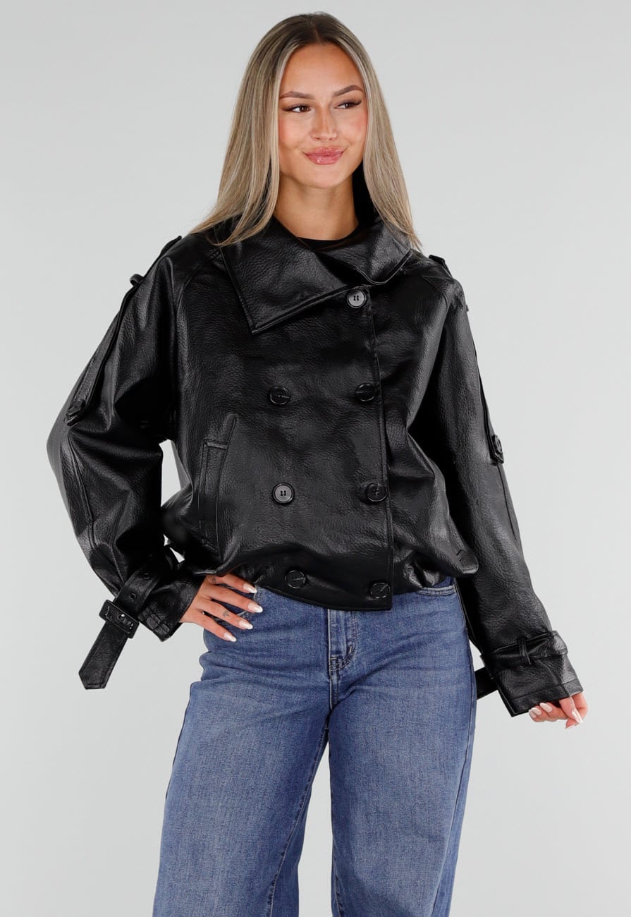 Zwarte Lederlook Jas met Hoge Kraag en Dubbele Knoopsluiting