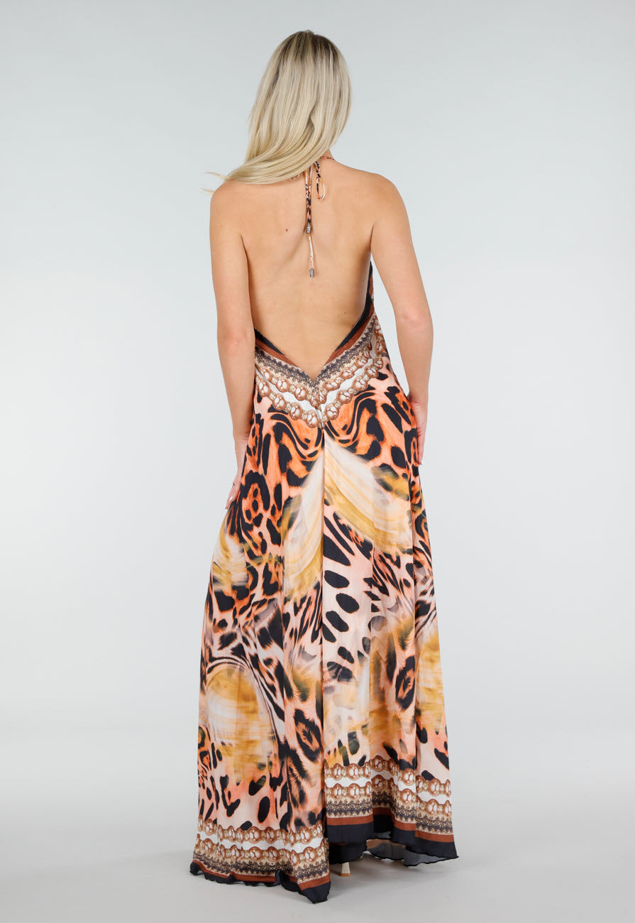 Maxi Jurk met Print, Strass Details en Verstelbare Bandjes