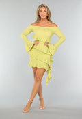 Limoen Groene Off Shoulder Ruffle Jurk