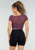 Paarse Mesh Crop Top met Korte Mouwen en Cut Out